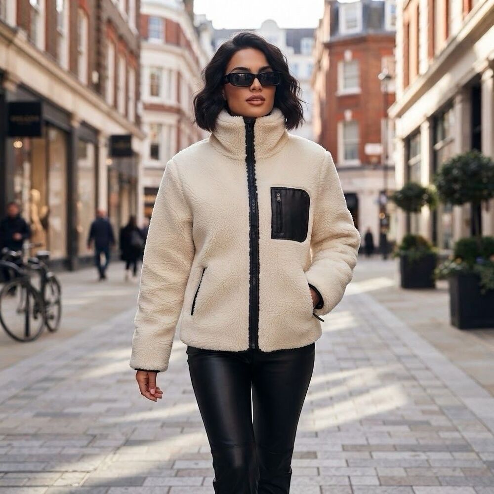 NWT SPANX Ivory Fleece Sherpa Jacket sz M Funnel Neck Outdoor Athleisure Teddy